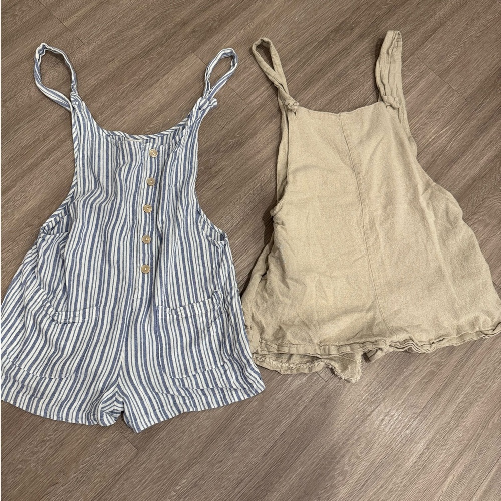 Striped Blue and Solid Tan Romper Set